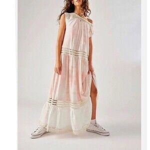 FREE PEOPLE Sz L WASHED DAYDREAMING MAXI DRESS CROCHET TIE DYE PRIMROSE PINK